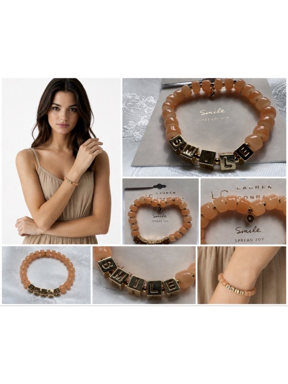 LC Lauren Conrad Goldtone SMILE Orange Bead Adjustable Charm Bracelet Summer NWT